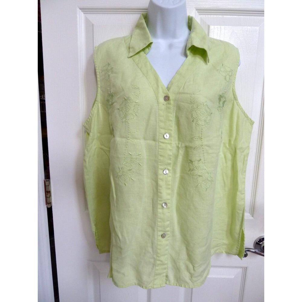 Edward Woman Irish Linen Neon Green Embroidered V-Neck Sleeveless Blouse 1X
